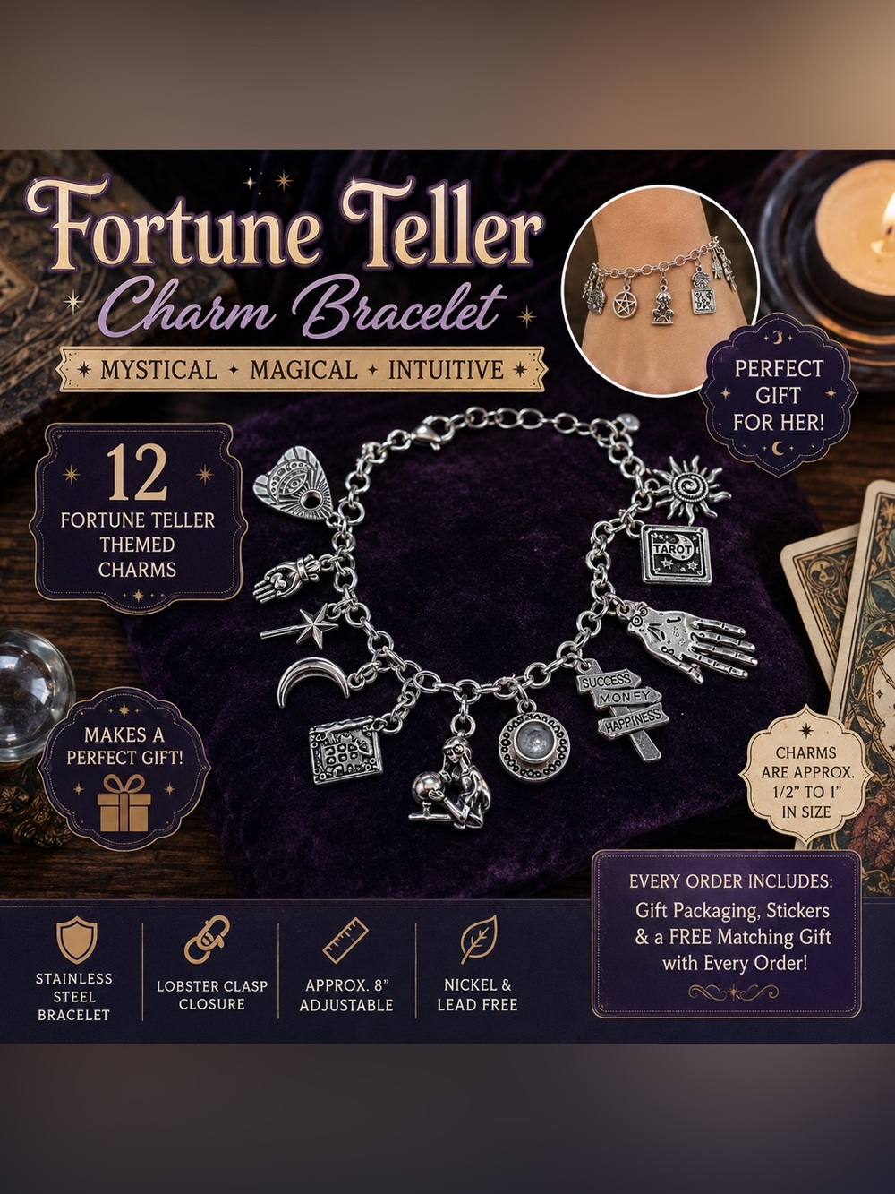 Fortune Teller Charm Bracelet, Tarot Jewelry, Witchy Bracelet, Mystical Gift